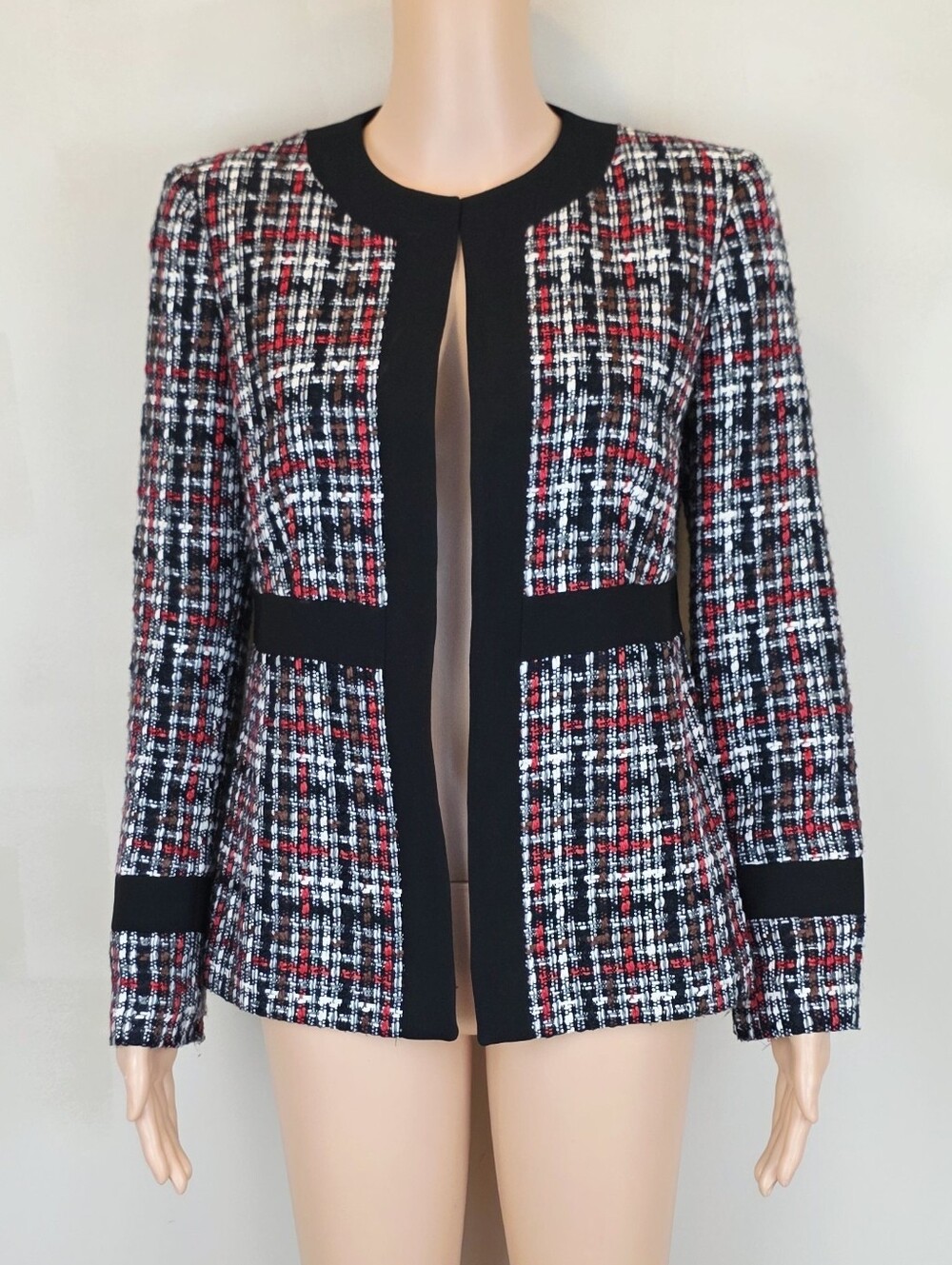 Kasper Tweed Long Sleeve Open Front Collarless Blazer Jacket